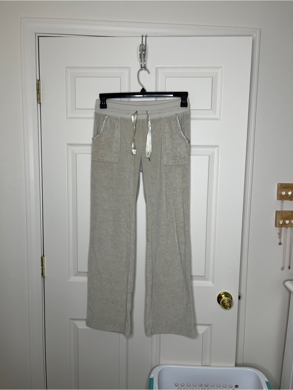 BCBG terry cloth beige sweatpants size medium rhinestone detail